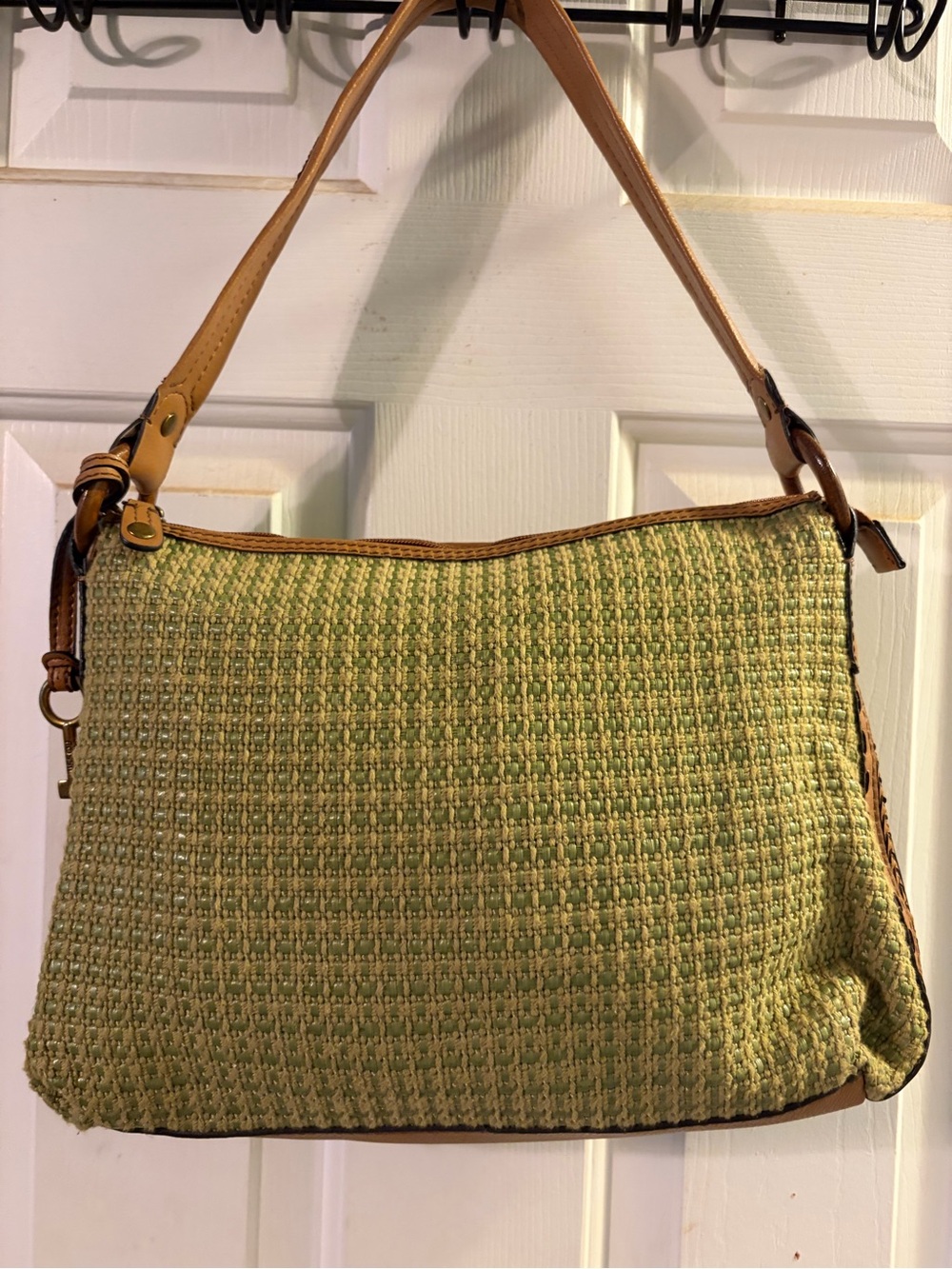 Fossil Green Woven Shoulder Bag with Tan Trim - Picture 2 of 6